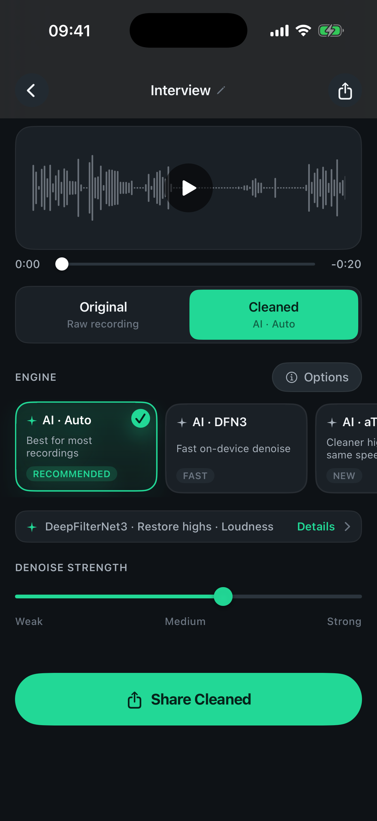 Hear & export — Denoise app screen