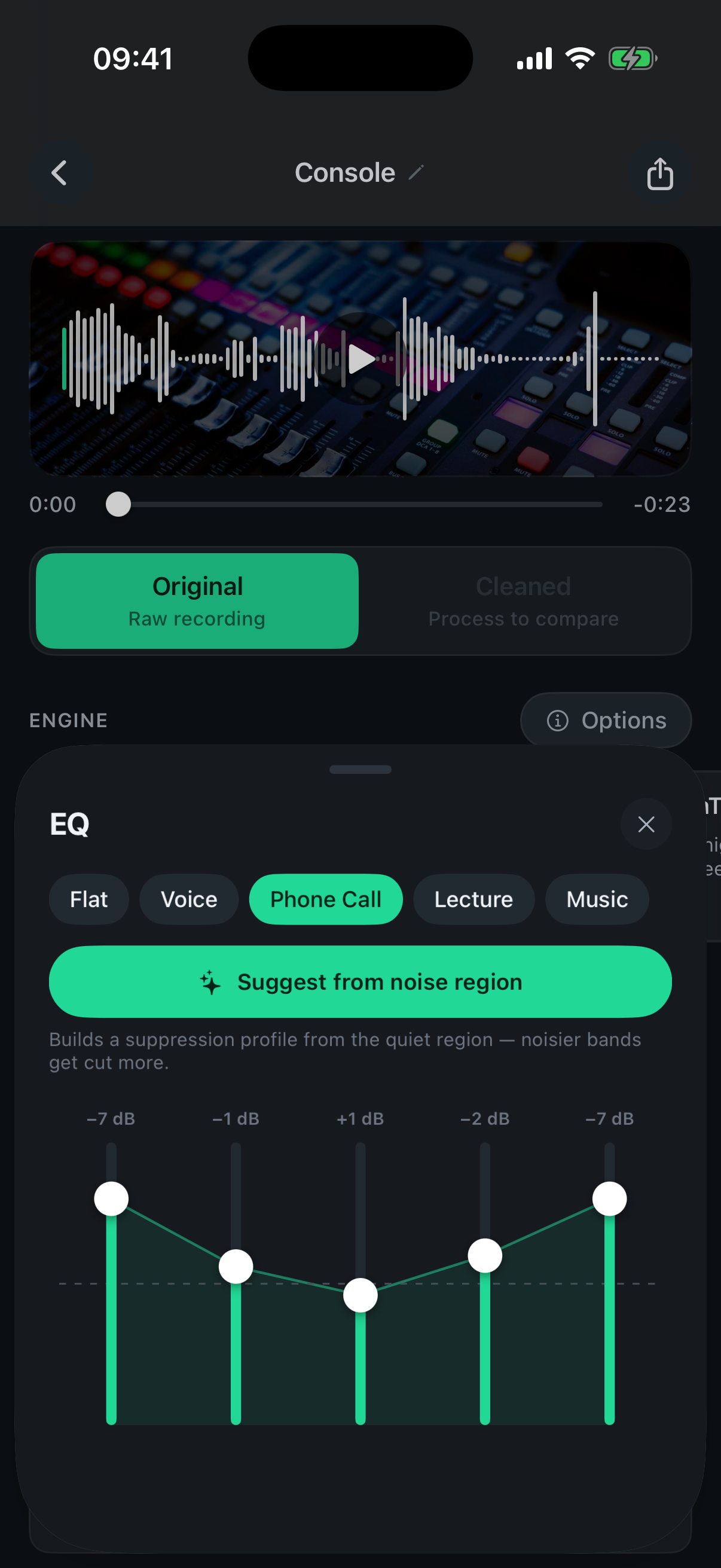 EQ sheet with presets and suggest-from-noise-region