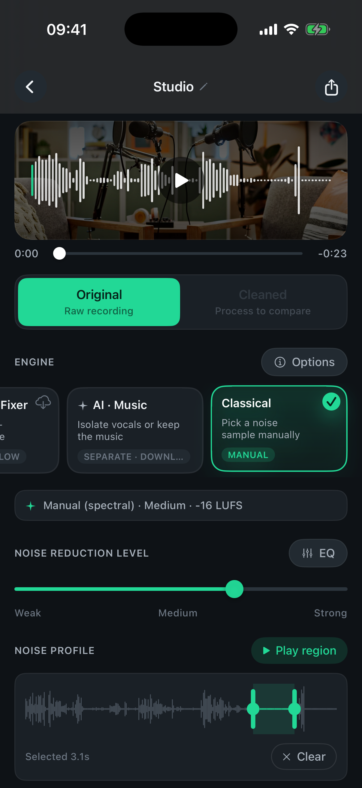 Denoise video editor with AI Music engine isolating vocals from the soundtrack