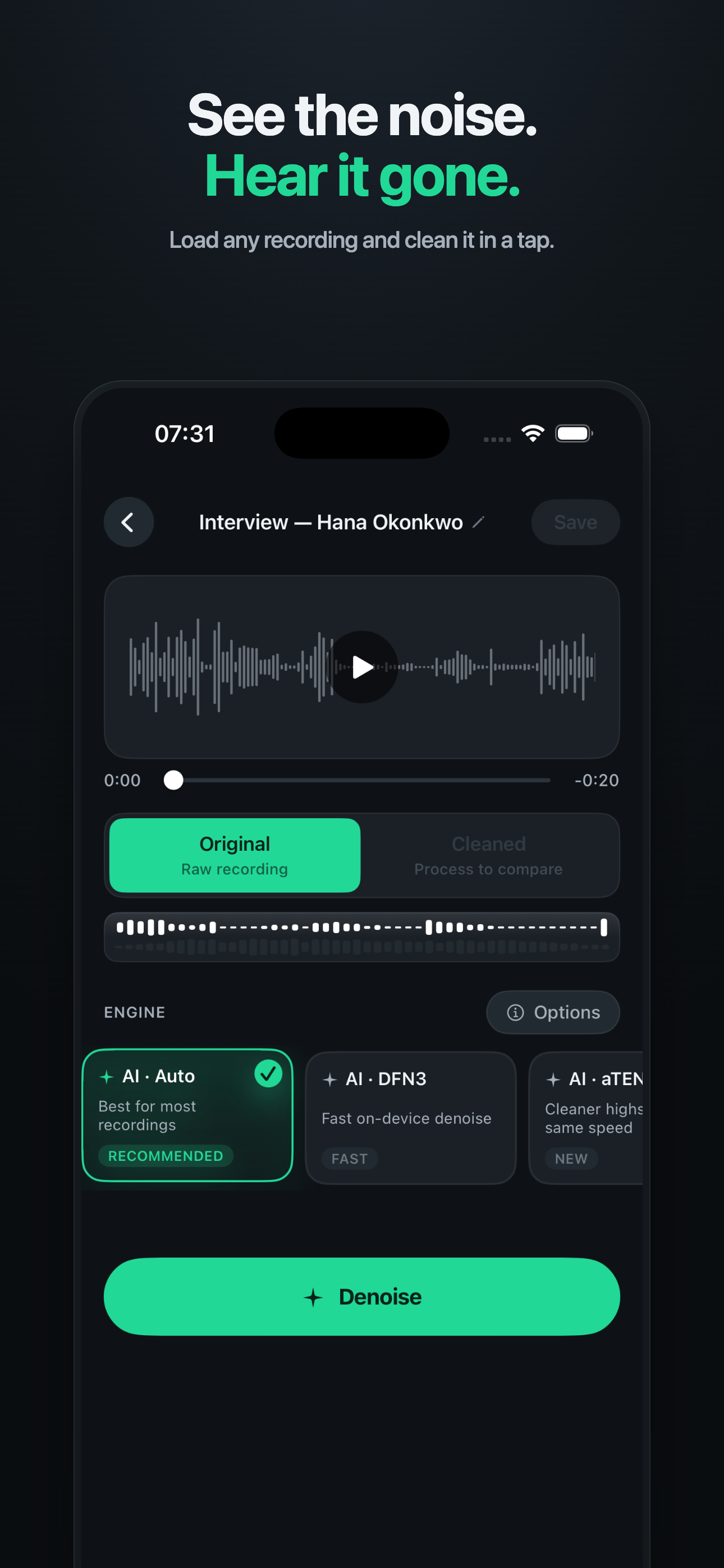 Before and after toggle in the Denoise editor