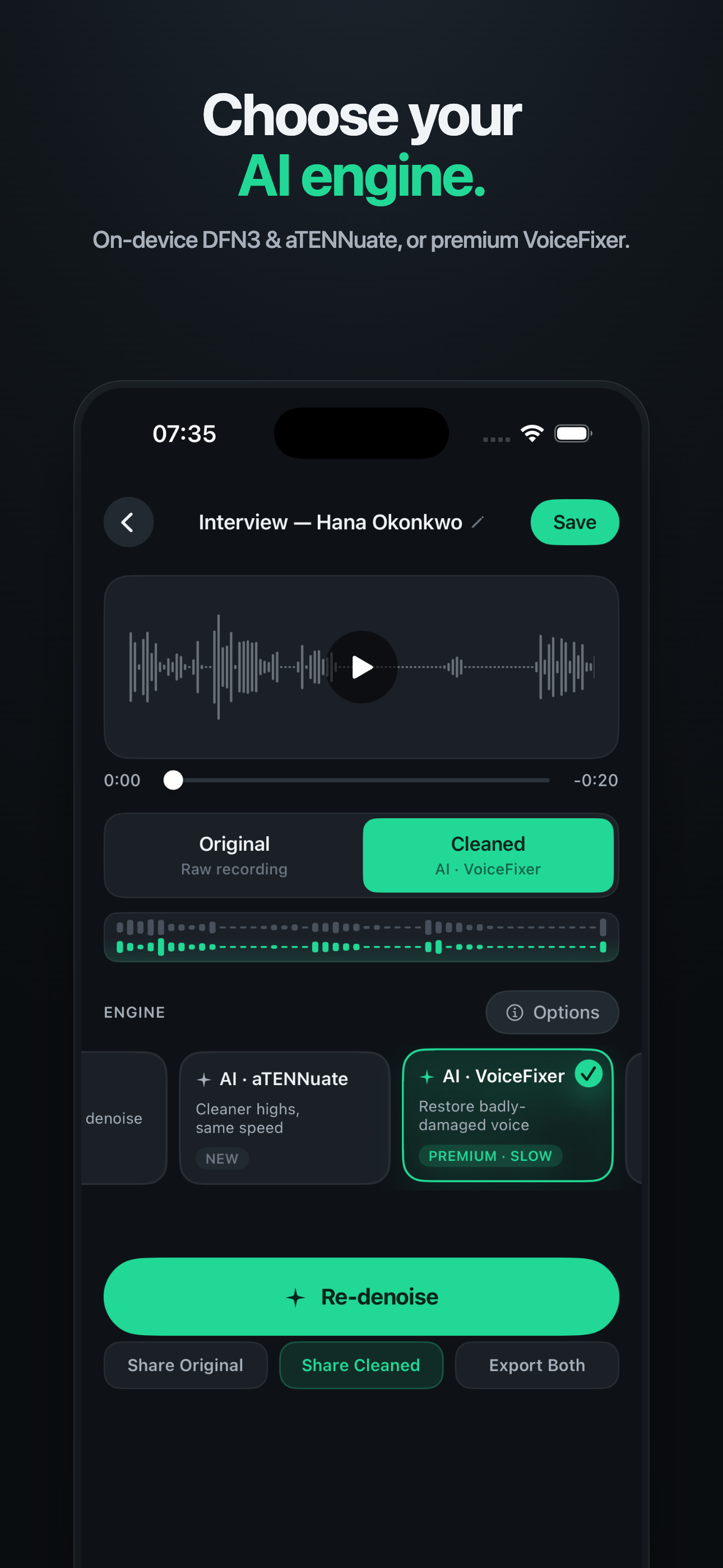 Denoise editor — choosing the AI engine, including premium VoiceFixer restoration
